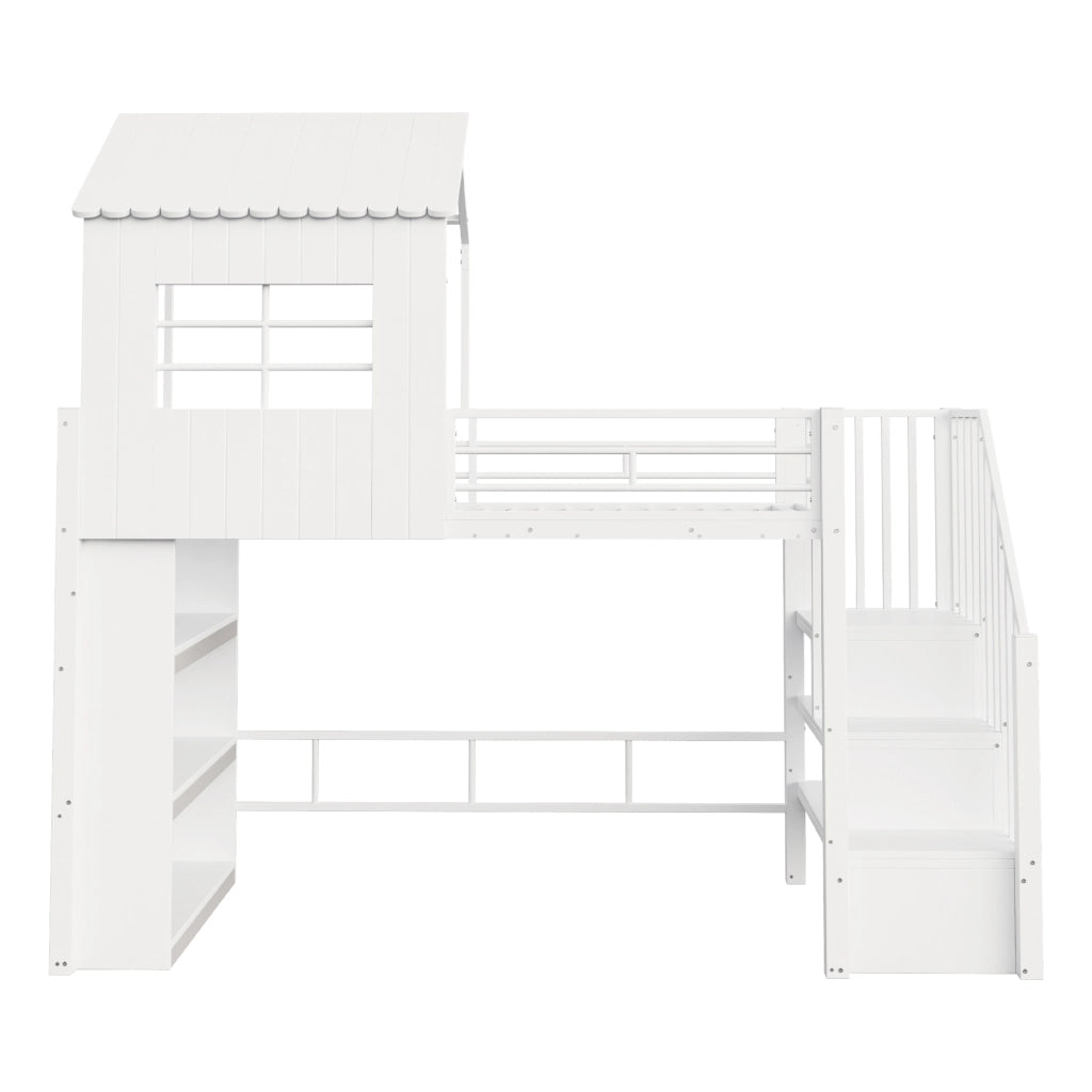 Letto a soppalco singolo 90×200 cm con scala contenitore e ripiani; senza materasso; MDF e metallo; bianco