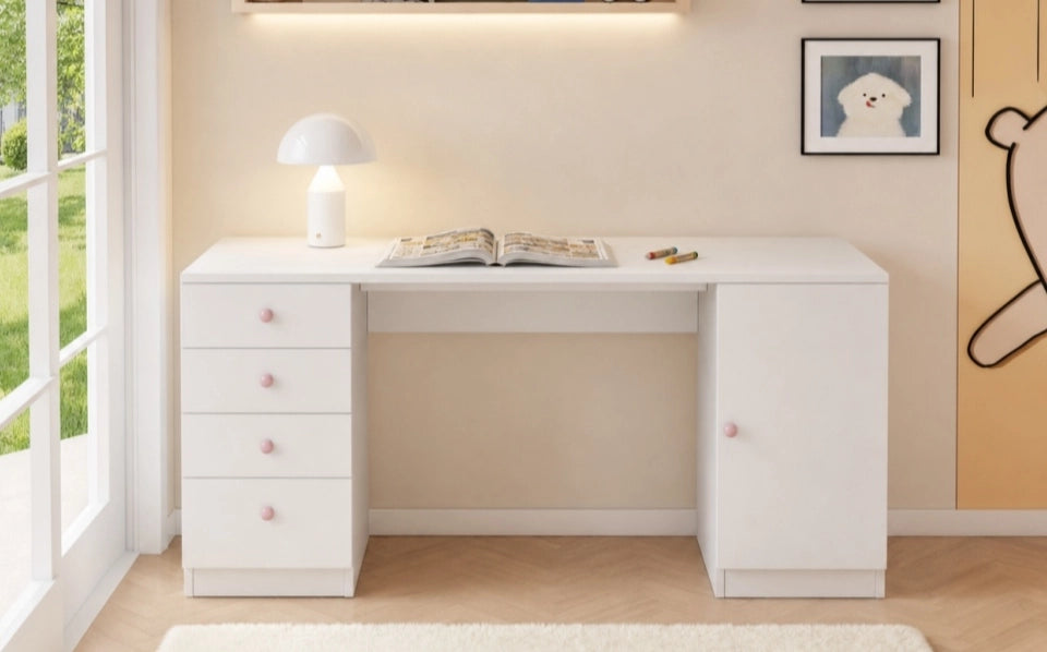 Scrivania per bambini bianca con 4 cassetti e maniglie in ceramica rosa, 155x45x74 cm