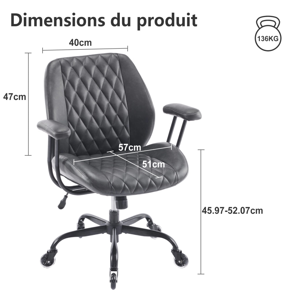 Sedia da ufficio ergonomica regolabile in pelle nera con ruote e braccioli