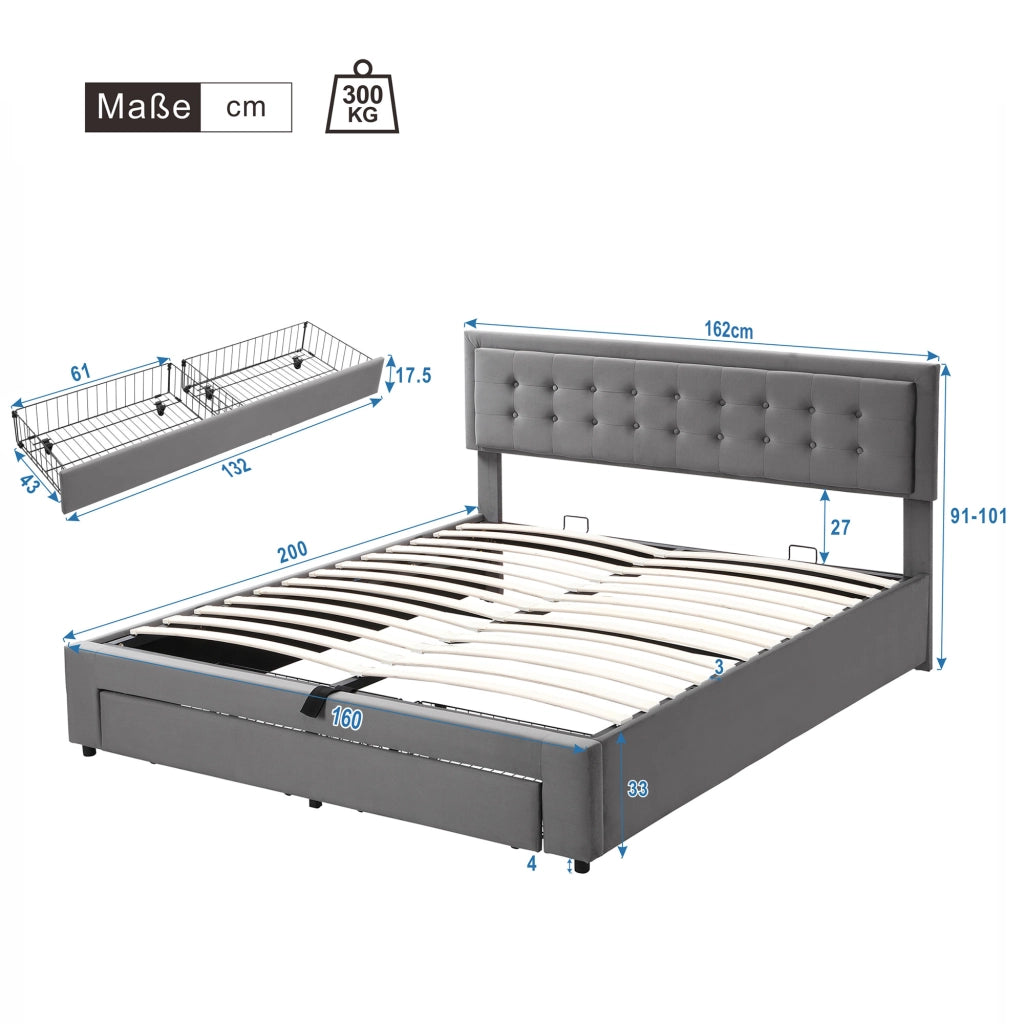 Letto matrimoniale contenitore 160 × 200 cm in velluto grigio con testiera regolabile e cassetti in rete