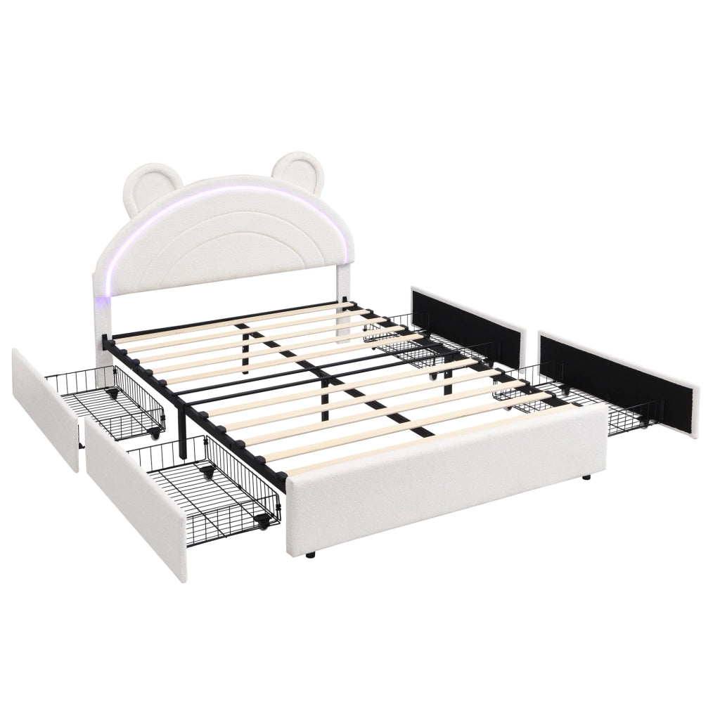 Letto imbottito per bambini 140x200 cm beige con testiera a forma di orso, 4 cassetti laterali e illuminazione LED controllata via app