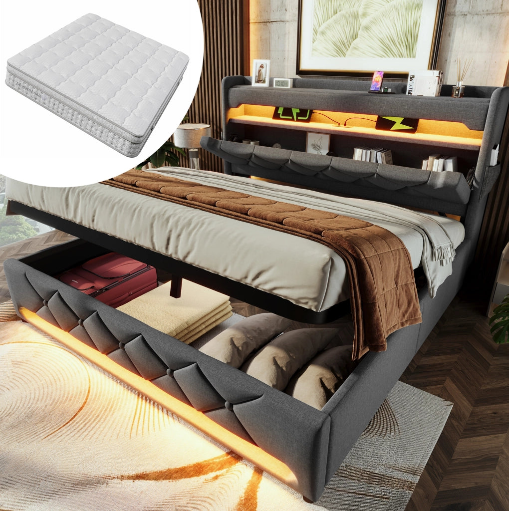 Letto imbottito 180x200 cm con contenitore idraulico, LED e materasso, rivestimento in lino grigio