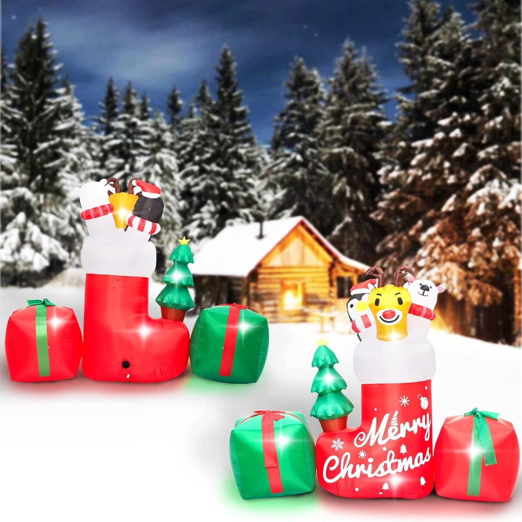 Calza di Natale Gonfiabile con Pupazzo e Regalo 250cm Luci LED Decorazione Natalizia da Esterno