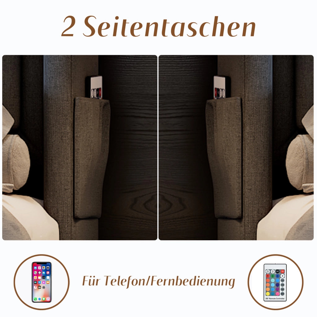 Letto matrimoniale contenitore 140 × 200 cm in cotone e lino grigio con testiera LED prese USB e USB-C