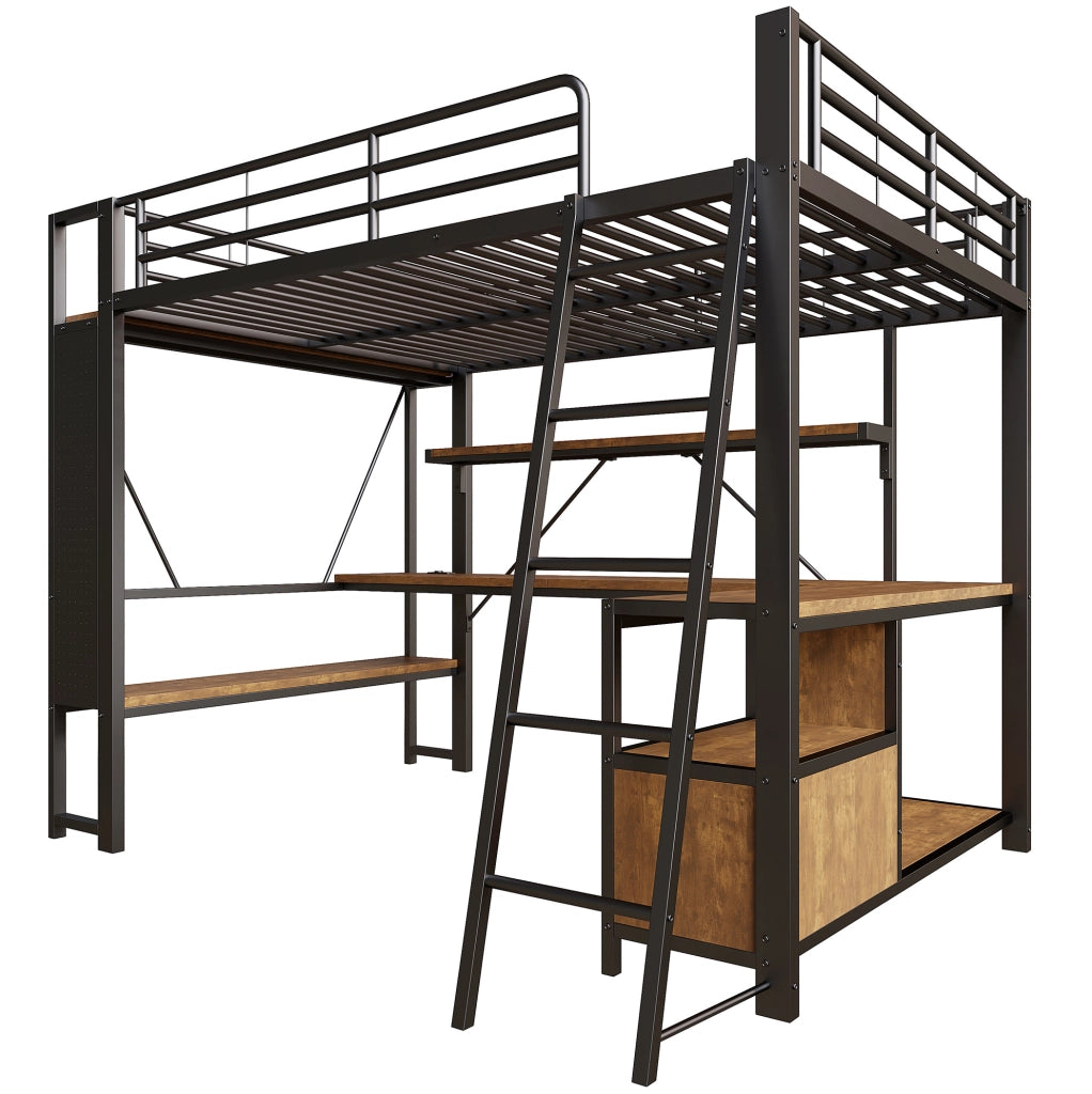 Letto a soppalco 140x200 cm in metallo con scrivania integrata, LED, ripiani, USB, nero