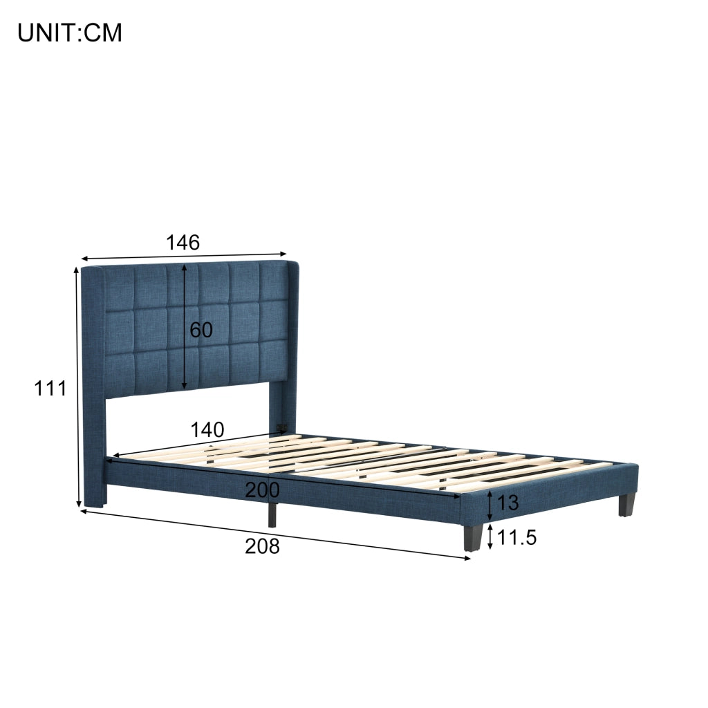 Letto imbottito in lino blu con doghe, 140x200 cm