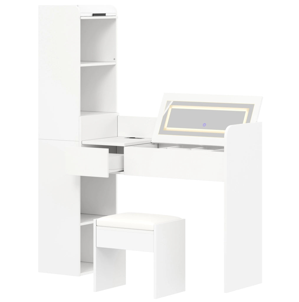 Toeletta 131x40x160 cm con specchio LED, USB e sgabello in legno ingegnerizzato bianco