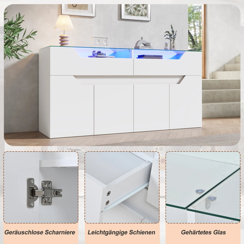 Madia con 2 cassetti e ante in MDF bianco; vetro temperato e illuminazione LED controllabile tramite app 140 × 40 × 70 cm