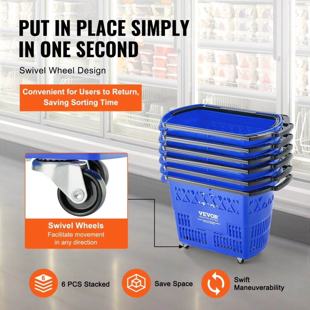Set 6 Cestini Spesa con Ruote e Manico in Plastica PE Blu 39 L Carrello Portatile per Negozi e Supermercati LB-B027-7