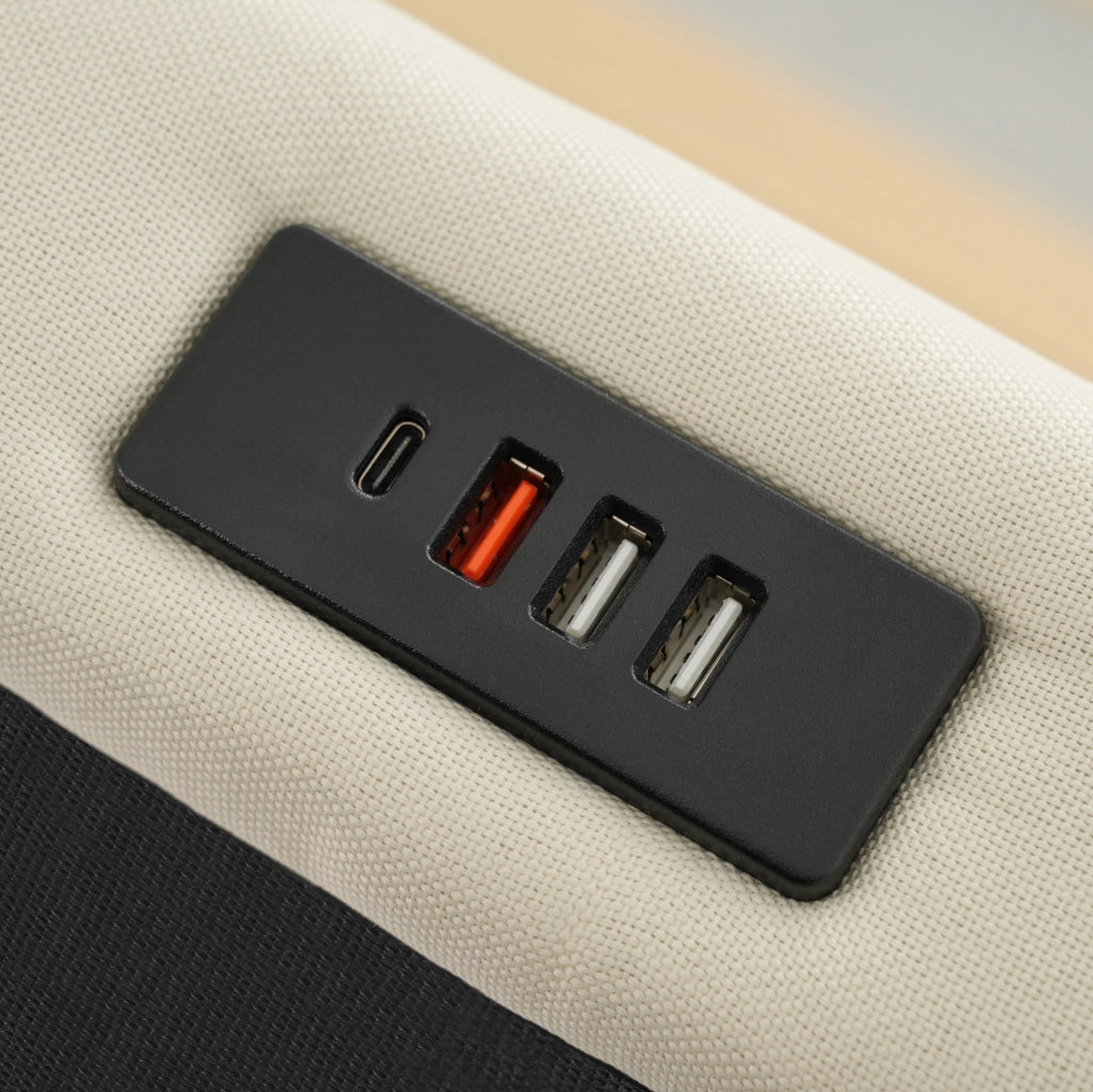 Letto contenitore 160x200 cm in lino beige, LED e USB-C, senza materasso/comodino