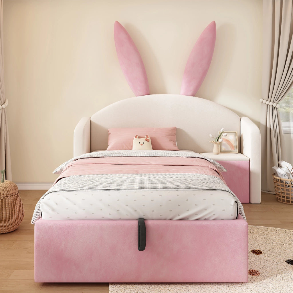 Letto per bambini 90x200 imbottito con contenitore idraulico e comodino integrato