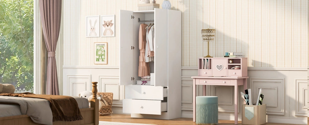 Armadio singolo 70x40x170 cm con due cassetti, design bicolore bianco e rosa