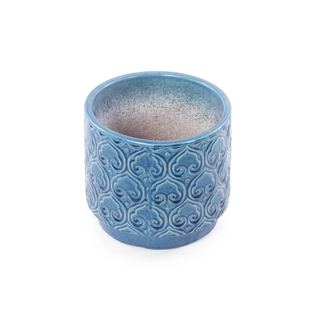 Vaso in Ceramica Blu Lucido Ø19 cm con Motivo a Cuore e Foro di Drenaggio per Mini Piante e Erbe da Scrivania