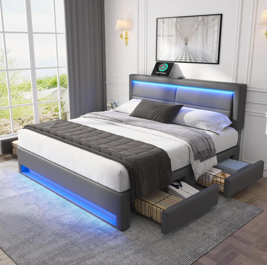 Letto imbottito 140x190 cm grigio con LED, USB e 4 cassetti