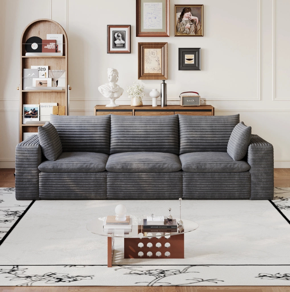 Divano modulare in tessuto grigio scuro con supporto in schiuma e design componibile