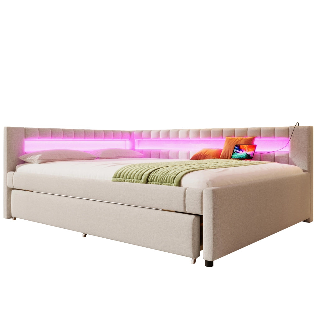 Letto divano 140x200 cm in lino beige con letto estraibile; LED; USB e USB-C