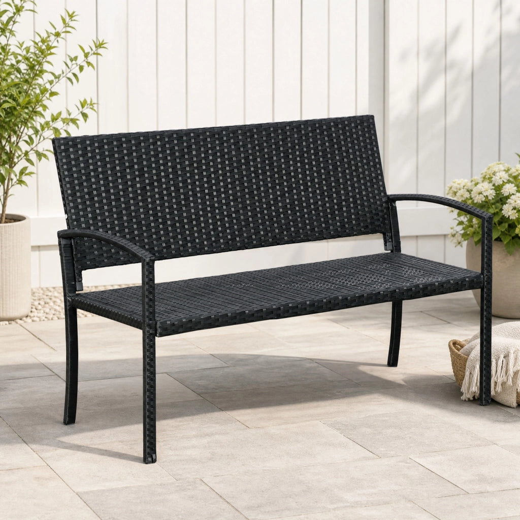 Panca da giardino 2 posti in polyrattan nero con struttura in acciaio