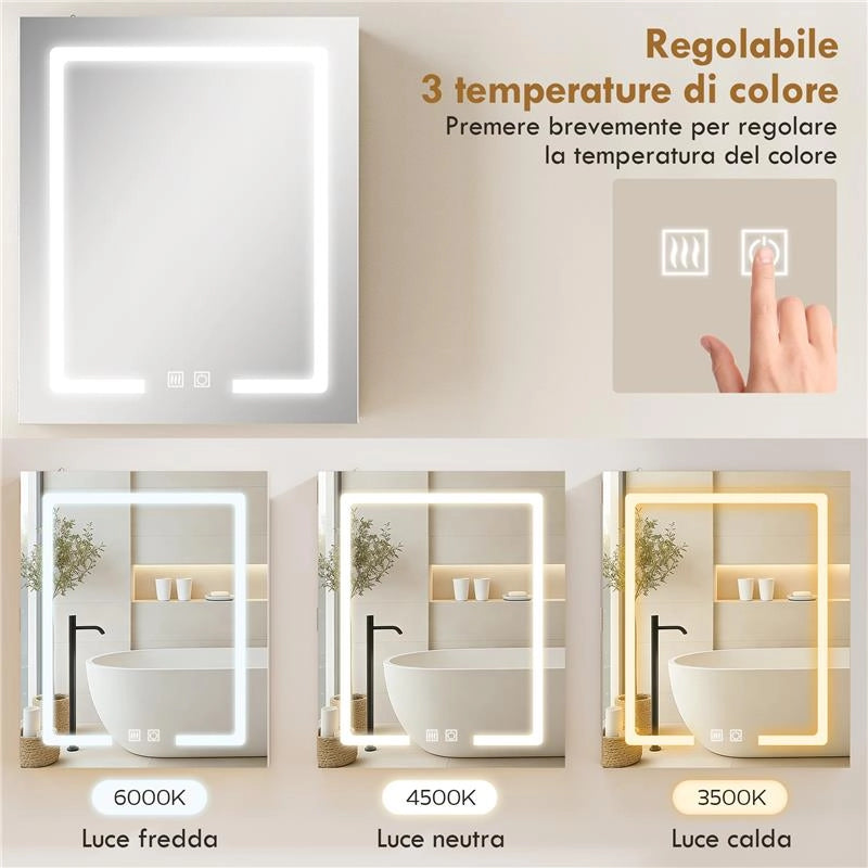 ARMADIETTO BAGNO CON SPECCHIO, LUCE LED REGOLABILE E SISTEMA ANTIAPPANNAMENTO, 50X15X60 CM, BIANCO
