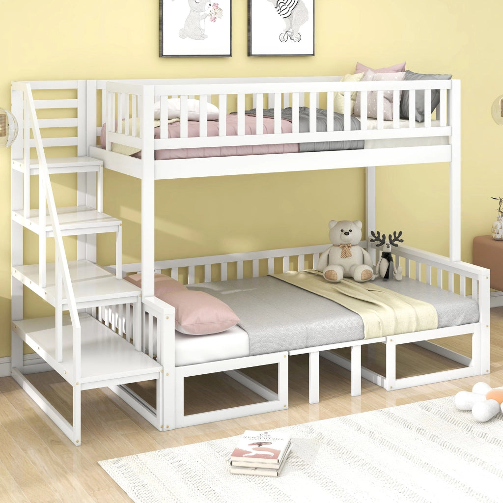 Letto a castello 90 × 200 cm e 120 × 200 cm, 3 posti con tavolo regolabile e divano, senza materasso, bianco