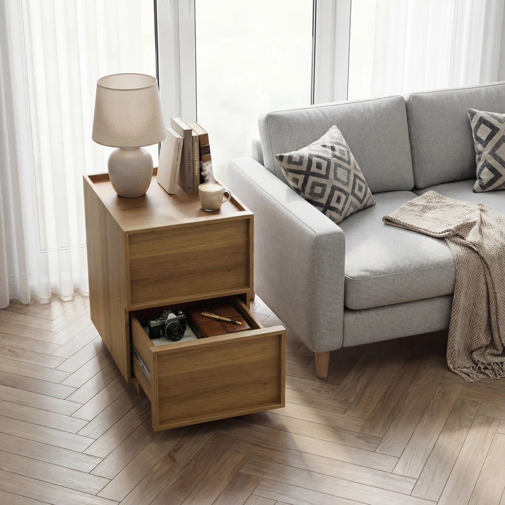 Comodino con 2 cassetti senza maniglie, stile minimalista, per camera da letto, in MDF e truciolare, rovere, 38 × 48 × 55 cm