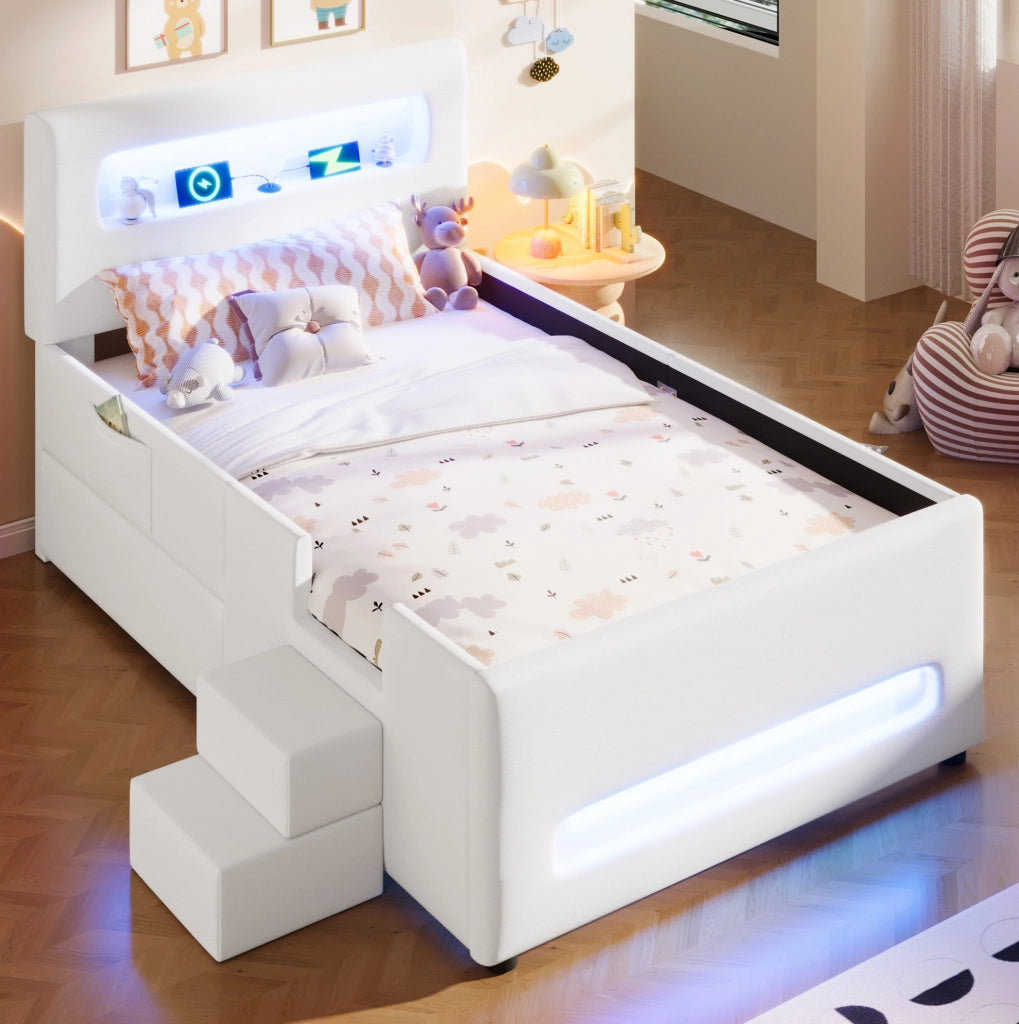 Letto piattaforma imbottito 90x200 cm bianco con cassetti, LED, USB e scaletta