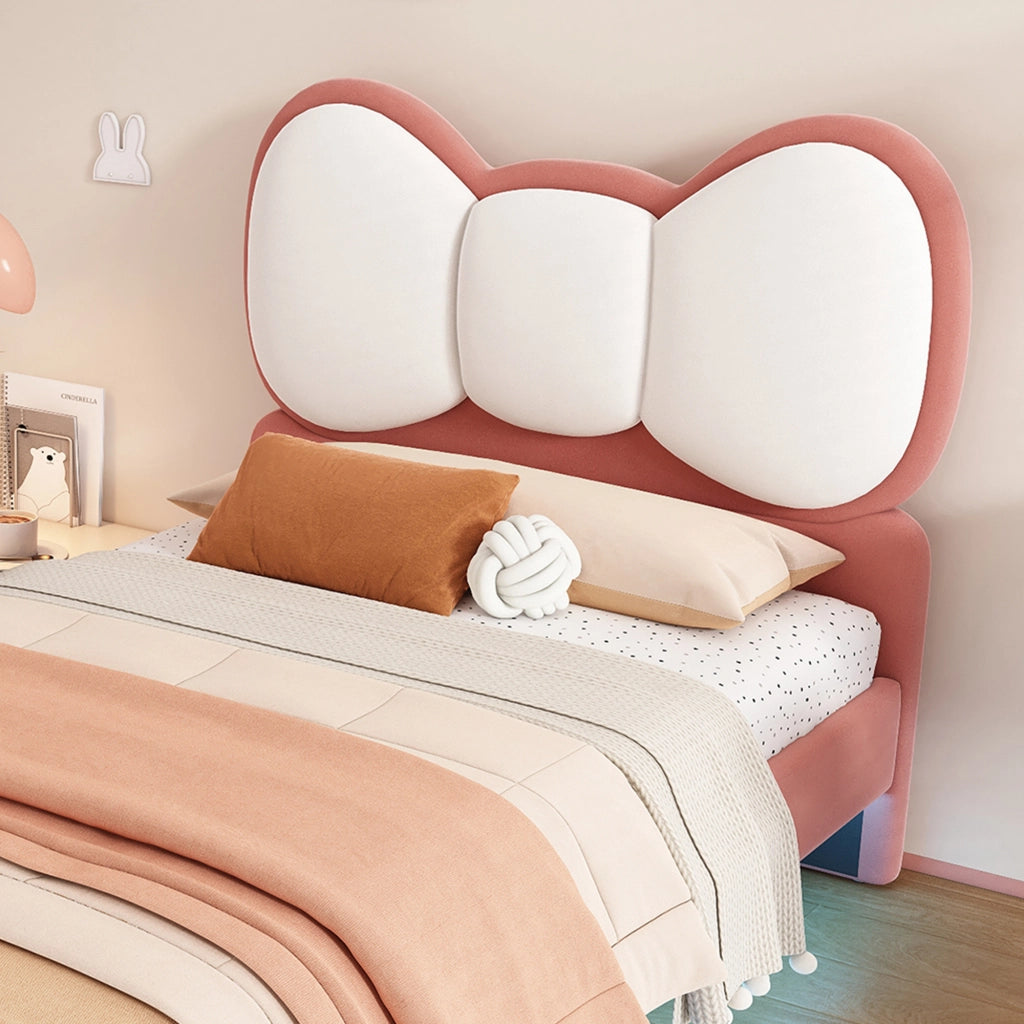 Letto singolo 90x200 cm in velluto rosa con testiera a fiocco e LED