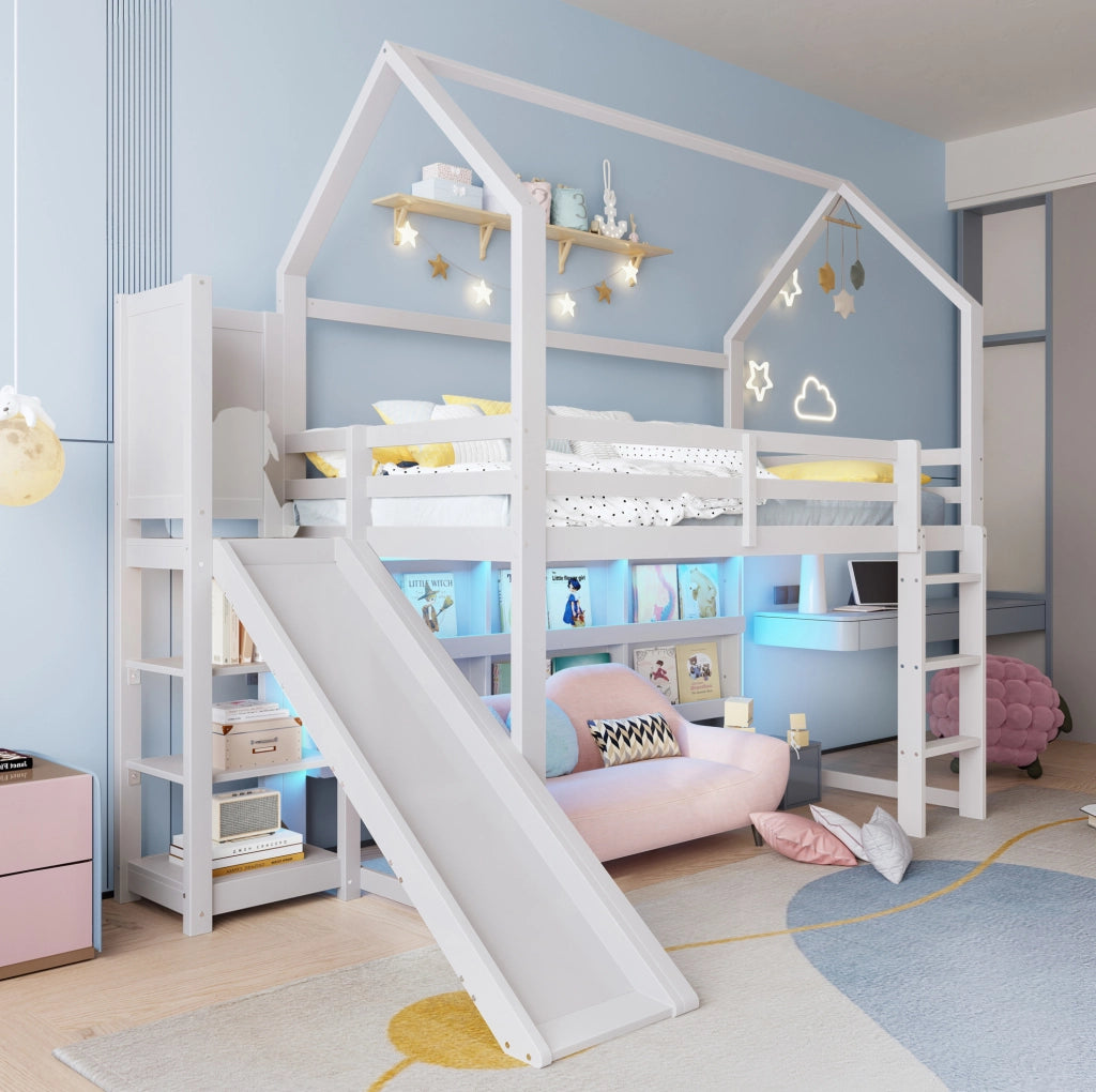 Letto a soppalco ULEVR 90x200 cm a forma di casa con scivolo, LED, ripiani e scala, bianco