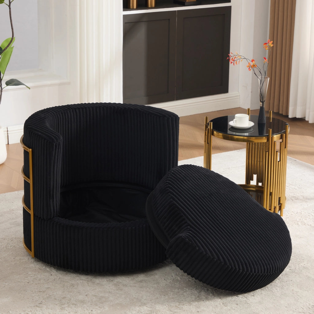 Poltrona girevole a 360 gradi in velluto a coste nera con vano contenitore e seduta imbottita 76 × 79 × 78 cm