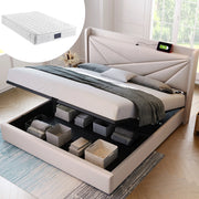 Letto matrimoniale contenitore beige 140x200 con testiera imbottita e porte di ricarica integrate