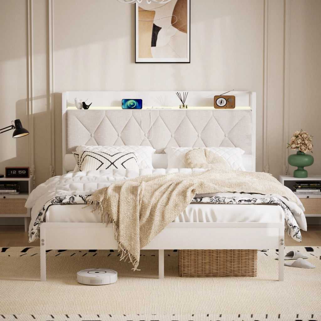 Letto Matrimoniale 140x190 cm con LED e USB; in Lino e Acciaio; Bianco