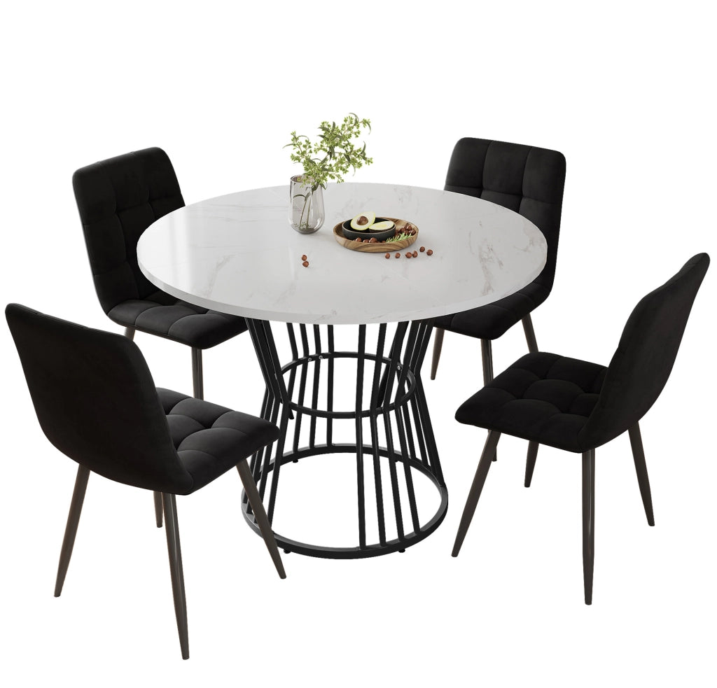 Set tavolo da pranzo rotondo 100 cm, piano MDF bianco e gambe metallo nero, con 4 sedie in velluto nero, 5 pezzi