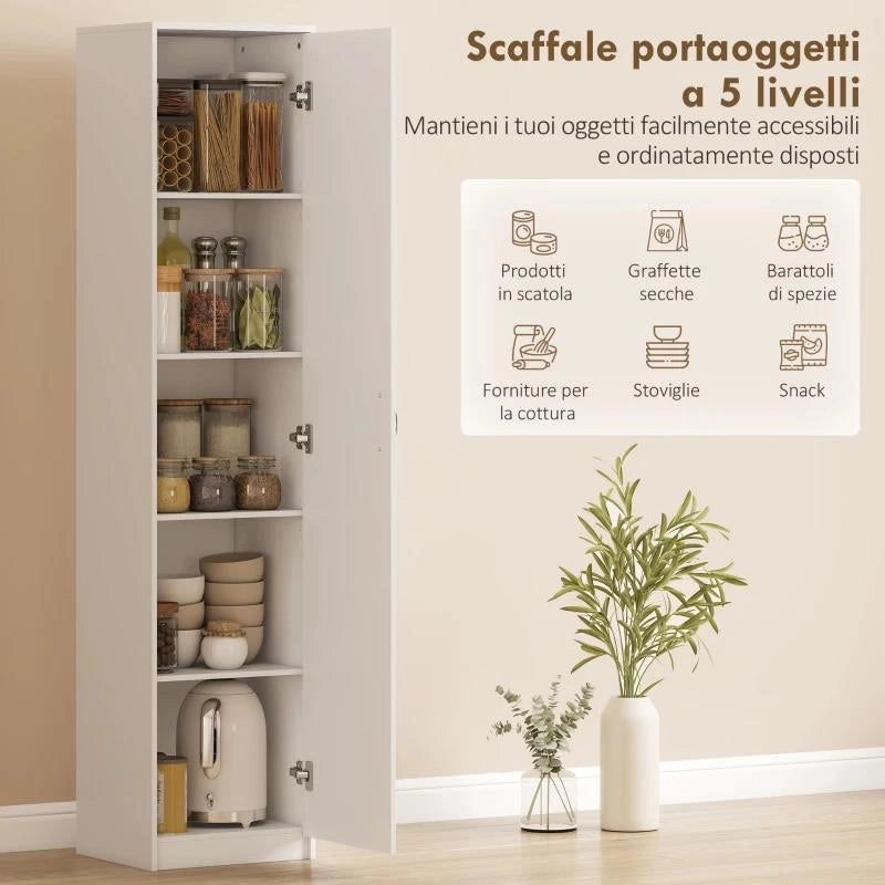 ARMADIO DA CUCINA SLIM A 5 RIPIANI CON SPAZIO INTERNO REGOLABILE, IN LEGNO, 40X35X180 CM, BIANCO