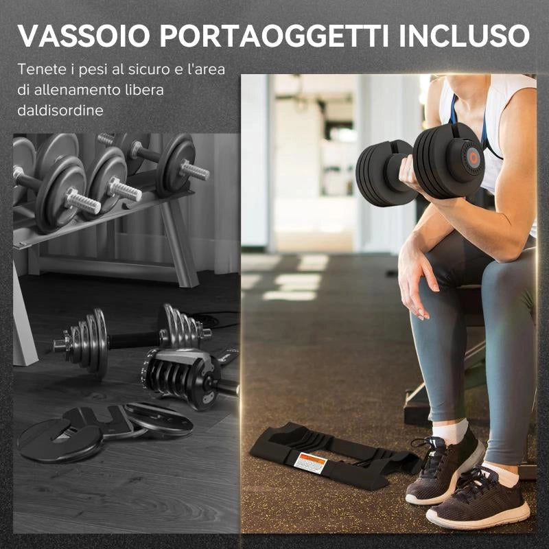 KIT PESI REGOLABILI 7/13/18/24 KG CON PORTA MANUBRI E IMPUGNATURA ANTISCIVOLO, 37X18X18 CM, NERO