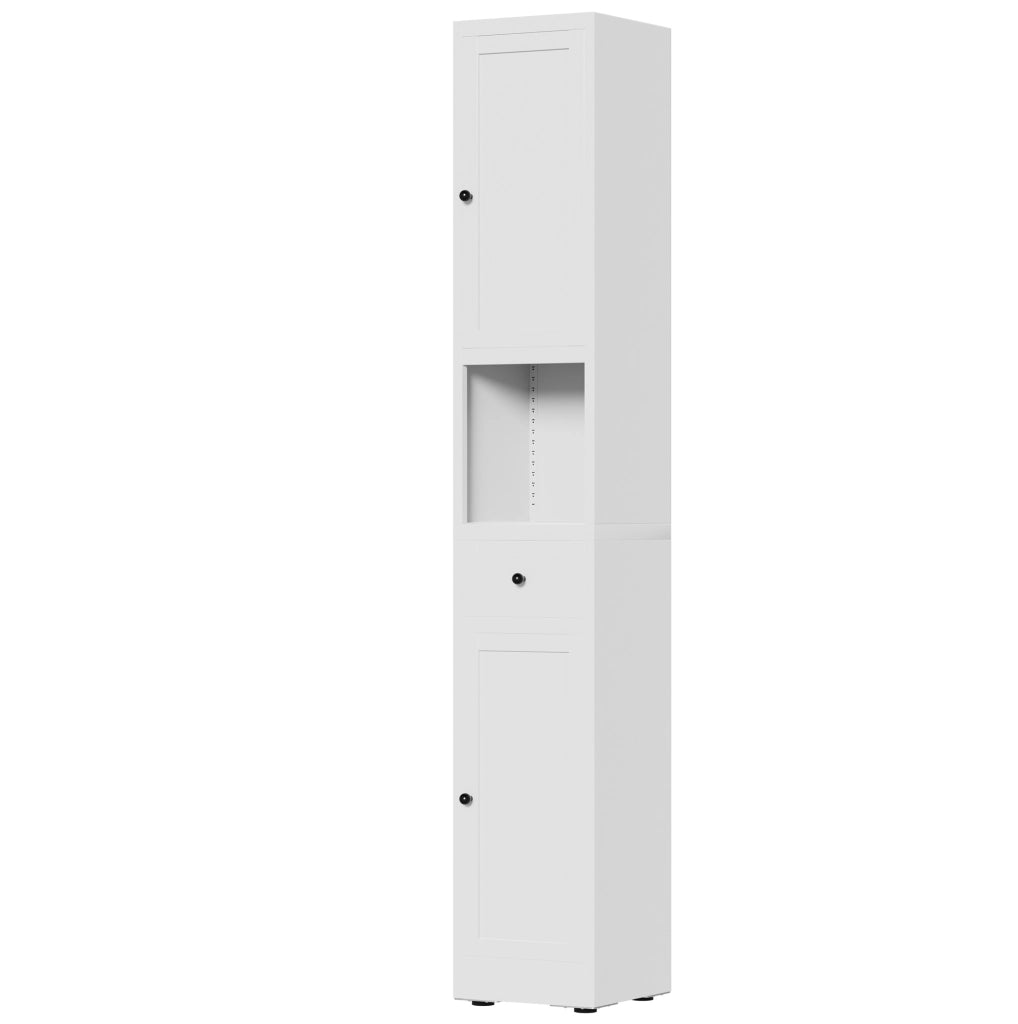 Mobiletto bagno bianco in metallo stretto con 5 ripiani regolabili e 2 ante, H 180 x L 30 x P 30 cm