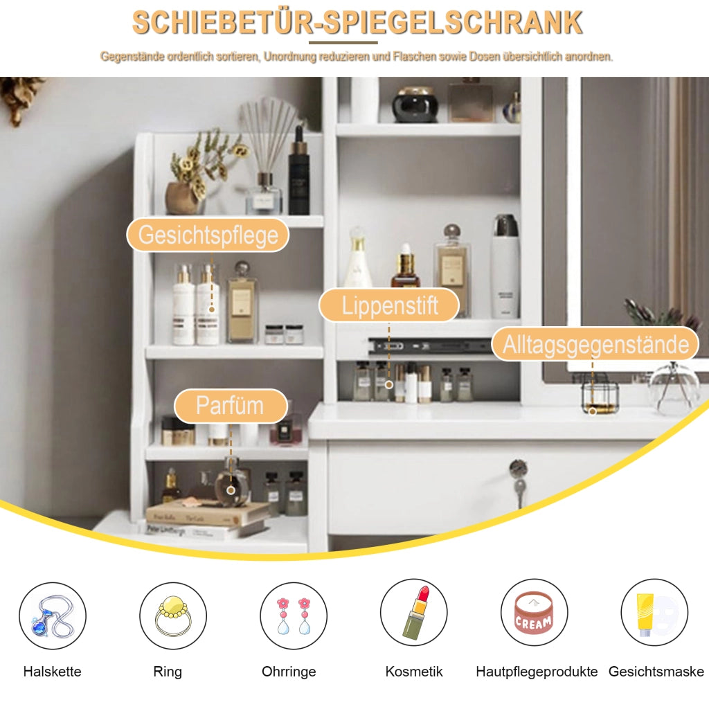 Tavolo da toeletta con specchio LED a 3 modalità, cassetti e ripiani laterali per camera da letto, in MDF, bianco