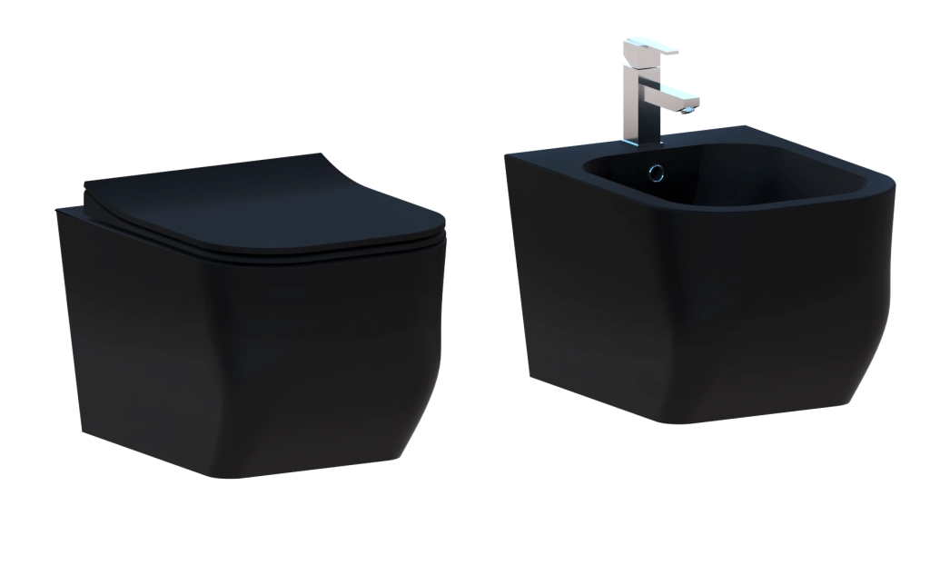 Coppia Sanitari Sospesi Rimless Senza Brida Serie New Edge Nero Opaco Coprivaso Soft-Close Incluso