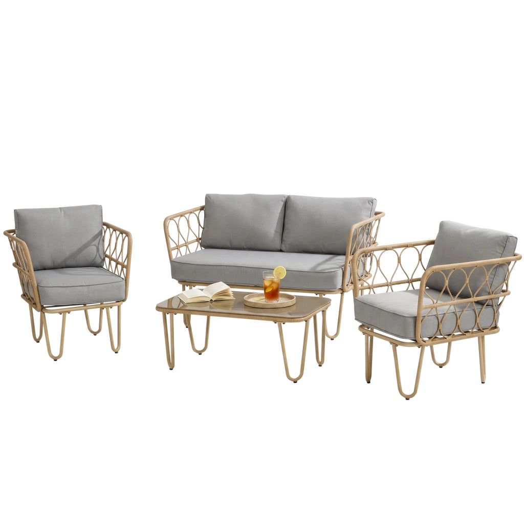 Set Salotto da Giardino in Rattan ¨C zephmum ¨C Divano 2 Posti, 2 Poltrone, Tavolino con Piano in Vetro