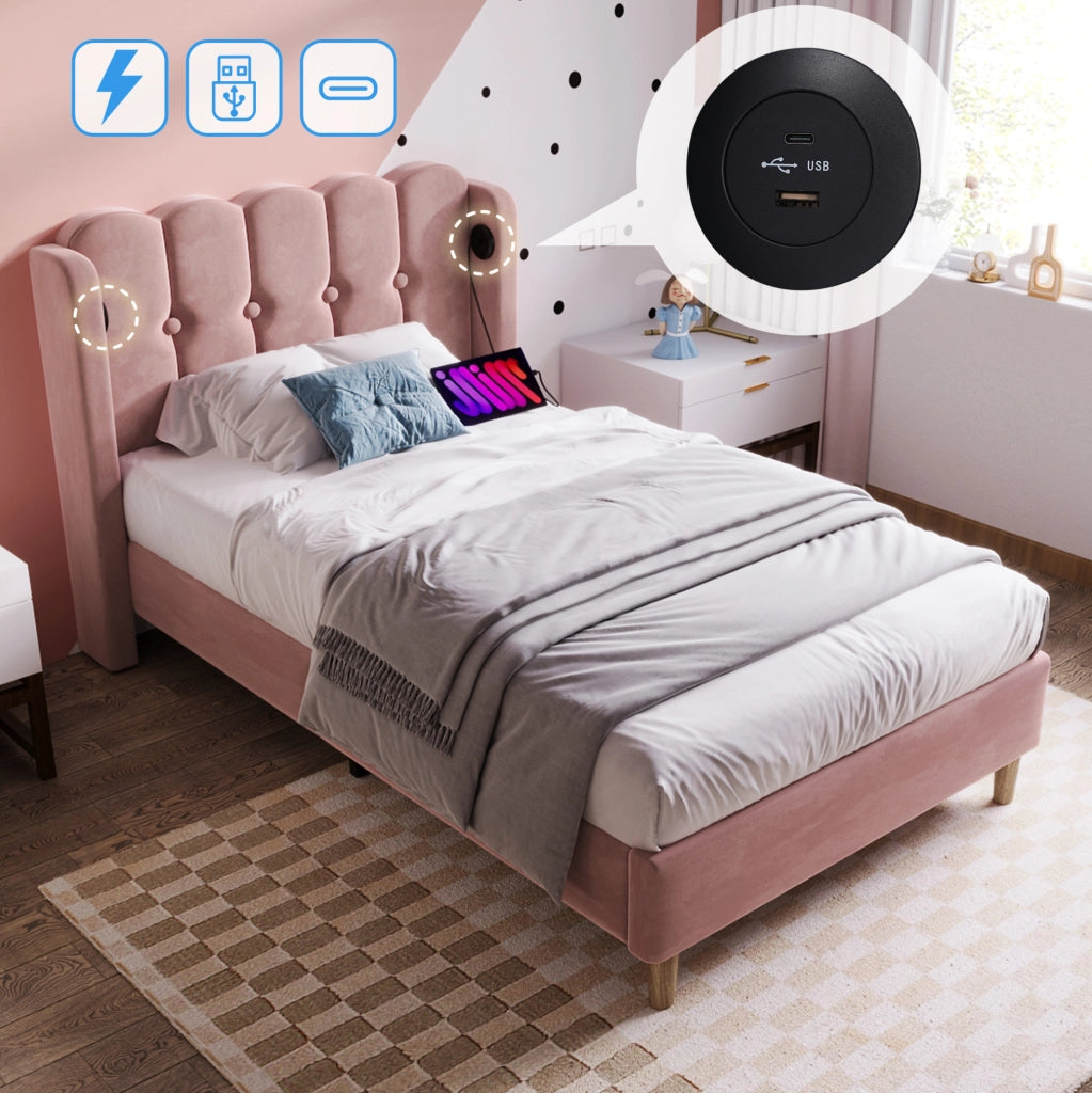 Letto imbottito singolo 90x200 cm in velluto rosa con USB e Type-C