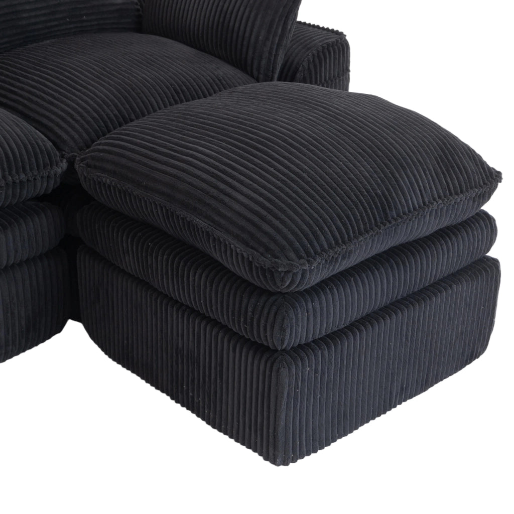 Divano modulare a 3 posti in velluto a coste con pouf; cuscini e tasche laterali; nero