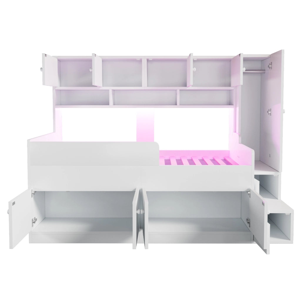 Letto a cabina bambino 90×200 cm con armadio, ripiani, scala contenitore e LED, senza materasso, legno, bianco