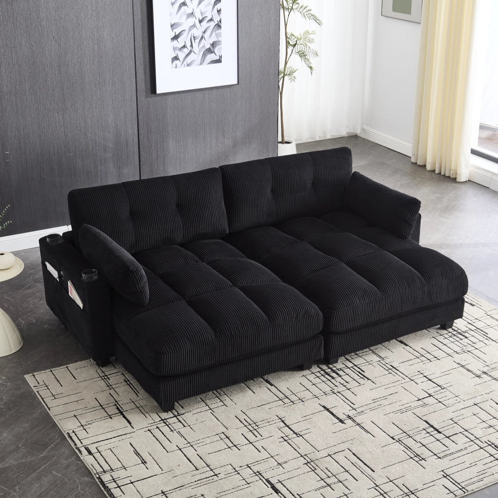 Sedili modulari 2 224x140x81 cm; separabili in poltrone 2; con portabicchieri 4; tasche laterali e USB; velluto a coste; nero