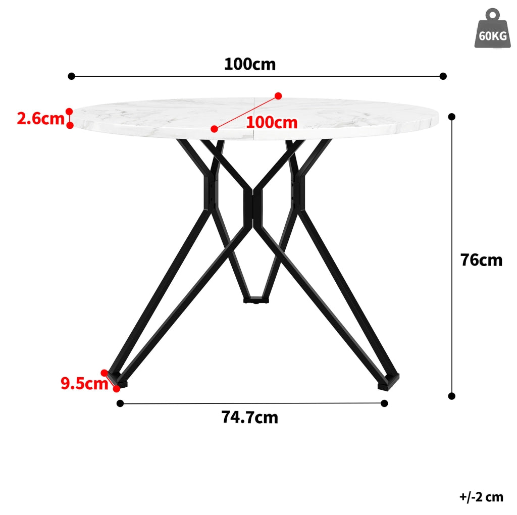 Tavolo da pranzo rotondo 100x100x76 cm in MDF effetto marmo e metallo, 4 posti