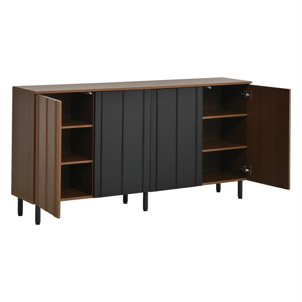 Credenza con 4 ante e ripiani regolabili per cucina e sala da pranzo, in truciolare noce e nero, 160 × 35 × 80 cm