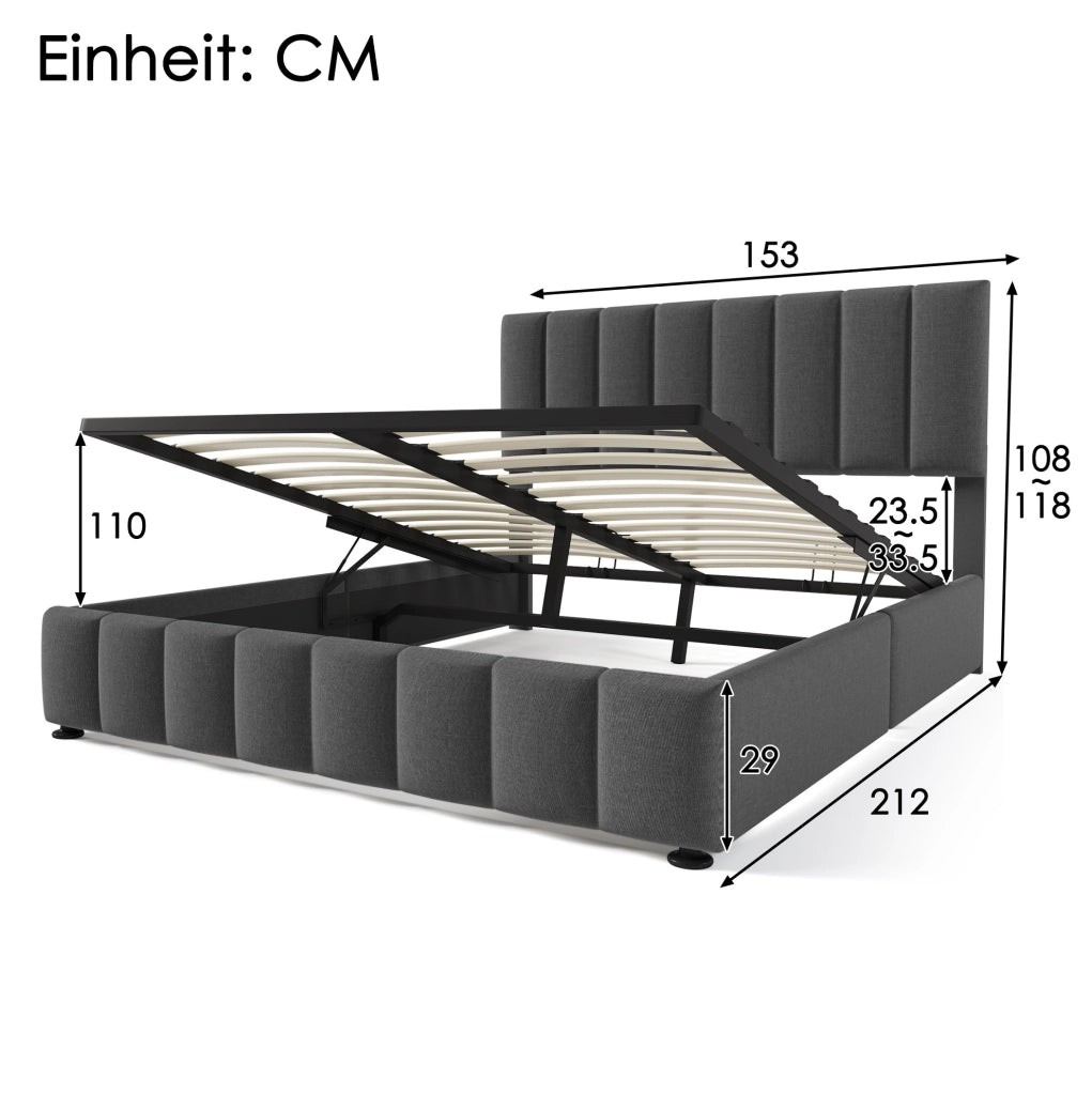 Letto imbottito 140x200 cm con contenitore; testiera regolabile e materasso; rivestimento in lino grigio