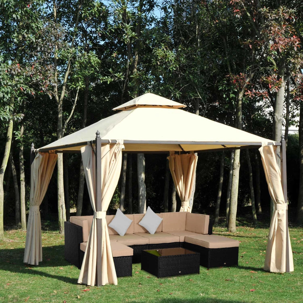 Gazebo da Giardino 3 x 3m con Doppio Tetto e 4 Tende Laterali Beige Struttura in Metallo Resistente per Esterno