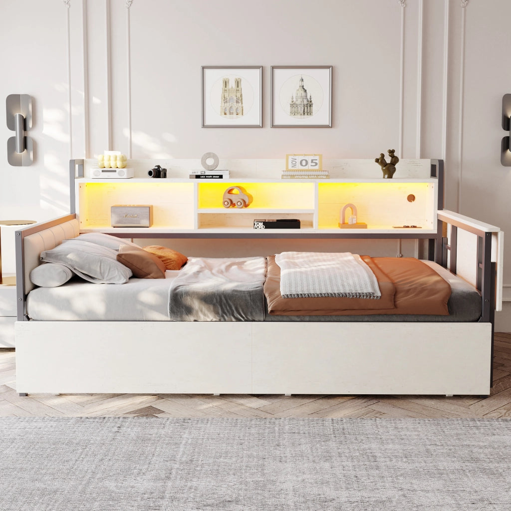 Divano letto in ferro 90 x 200 cm con luce LED e contenitore, cassetti e presa multipla, scrivania estraibile, schienale - Bianco