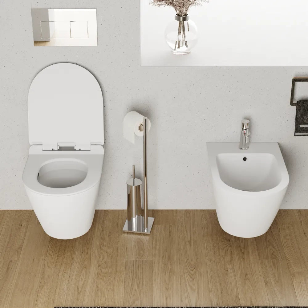 Sanitari sospesi in ceramica bianco opaco vaso tornado silent flush sedile soft-close e bidet | Sydney
