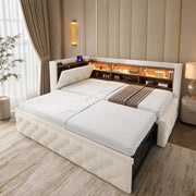 Divano letto estraibile ULEVR 90x190 cm in velluto beige con bracciolo contenitore, LED, USB e Type-C
