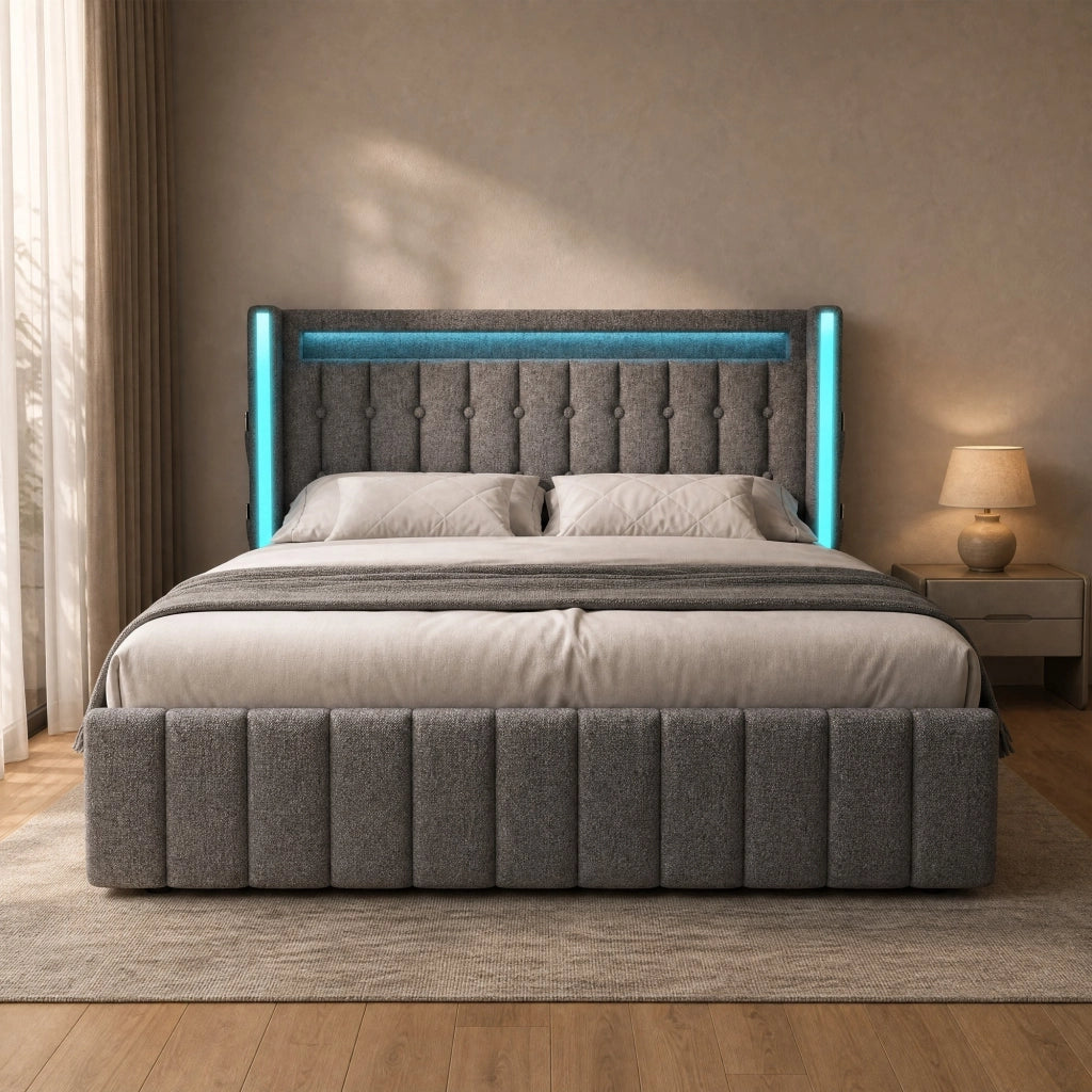 Letto imbottito con ricarica USB, LED e 4 cassetti