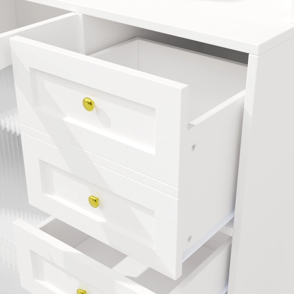 Credenza da cucina con vani; cassetti e ripiani interni; MDF bianco; ante in vetro scanalato e LED 120 × 40 × 188 cm